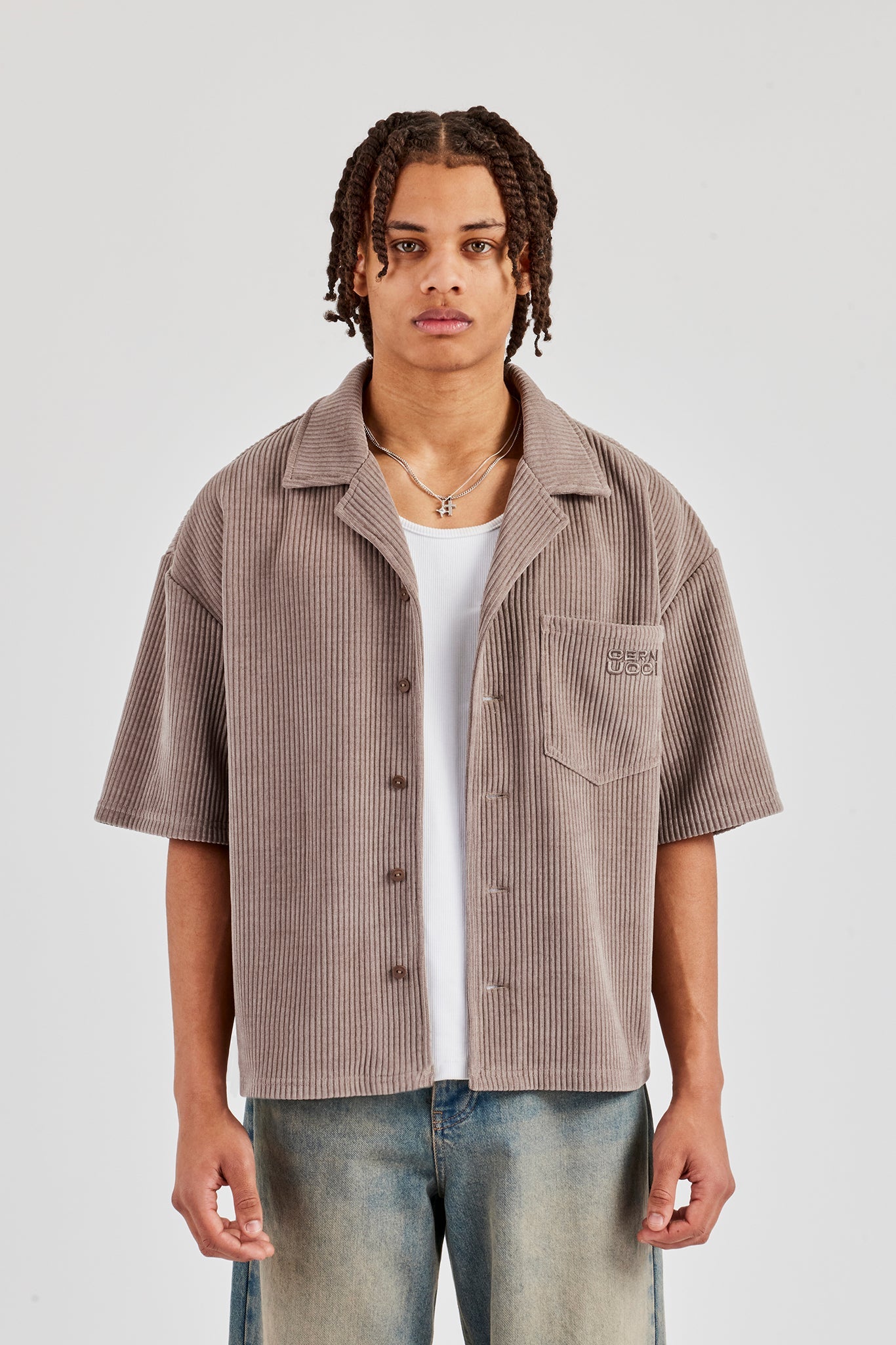Cord Button Front Revere Shirt - Taupe